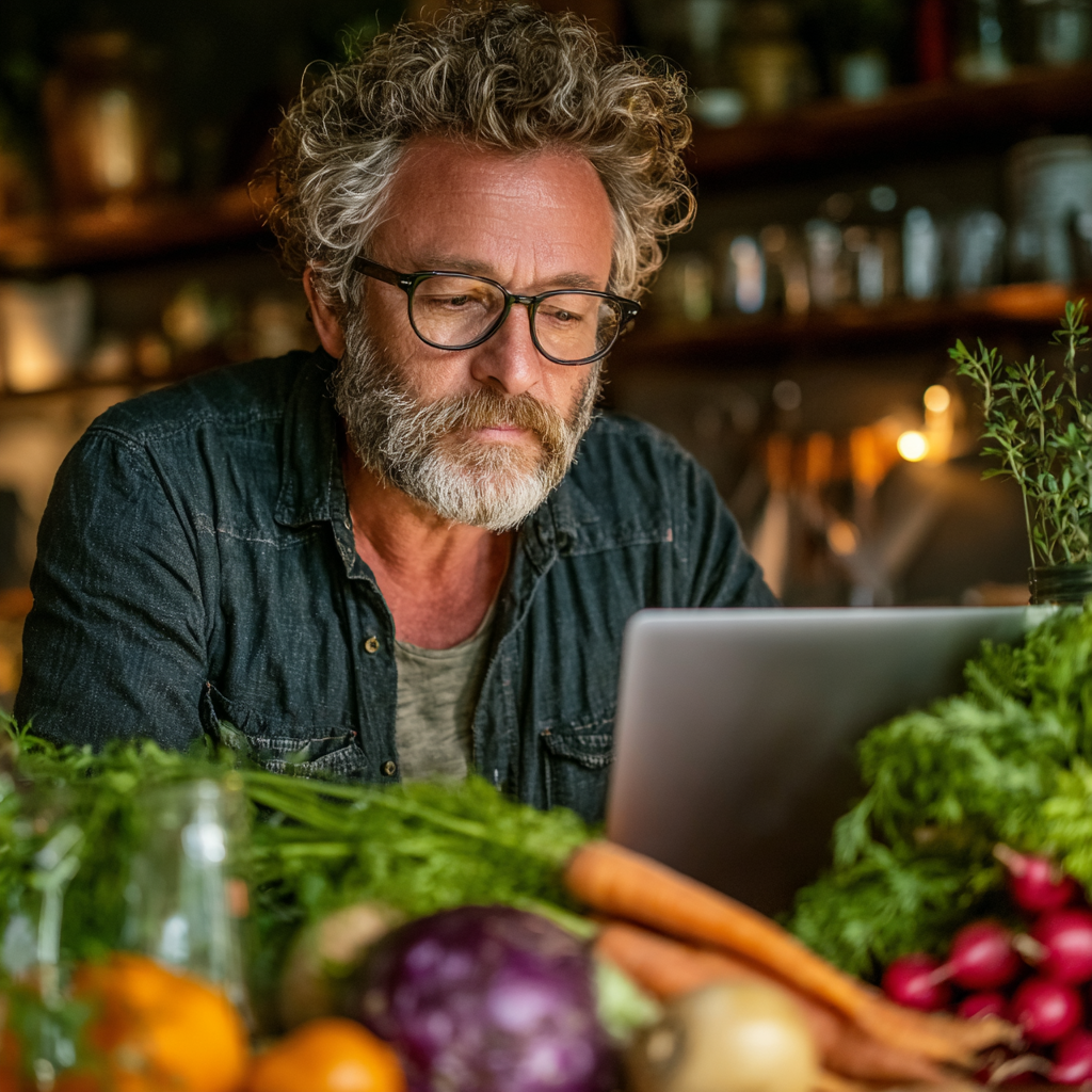 Чоловік 58 років за ноутбуком планує своє харчування в додатку julvenorik, поруч свіжі продукти