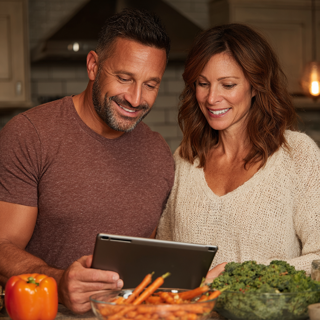 Пара 52 та 56 років готує здорову їжу за рецептом з додатку julvenorik на планшеті