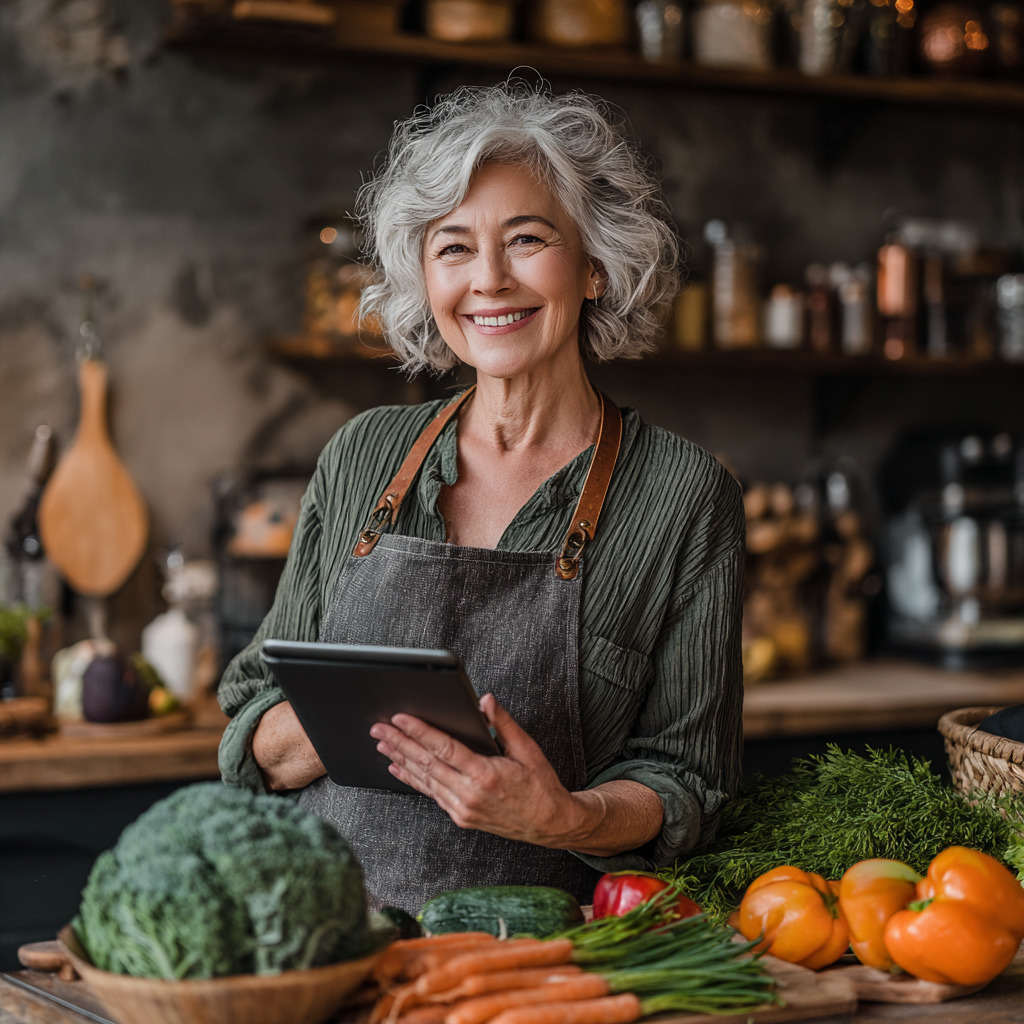 Жінка 55 років усміхається, тримаючи планшет з планом харчування julvenorik, на кухні з свіжими овочами